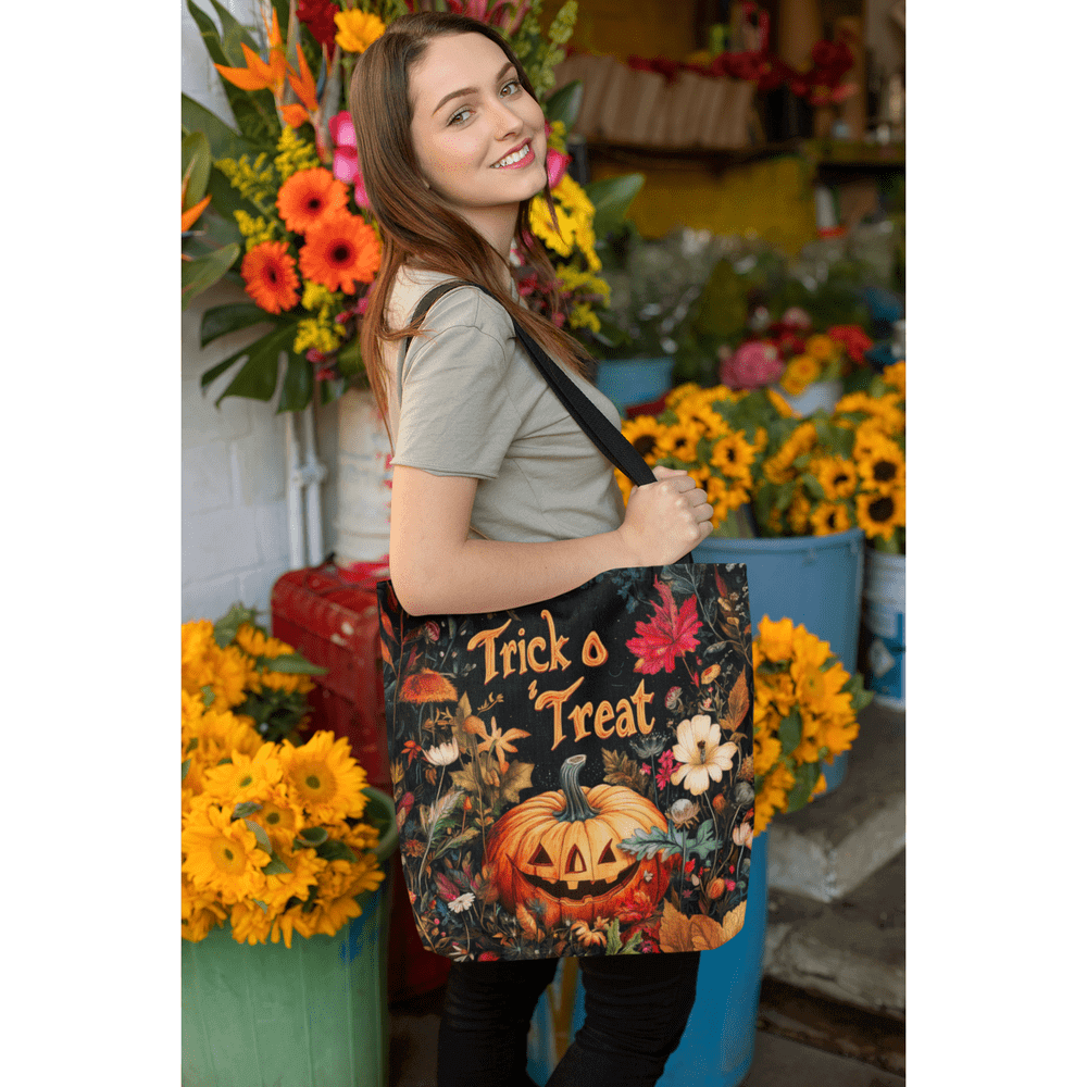 Woman with Halloween tote bag featuring jack-o'-lantern design in a flower shop