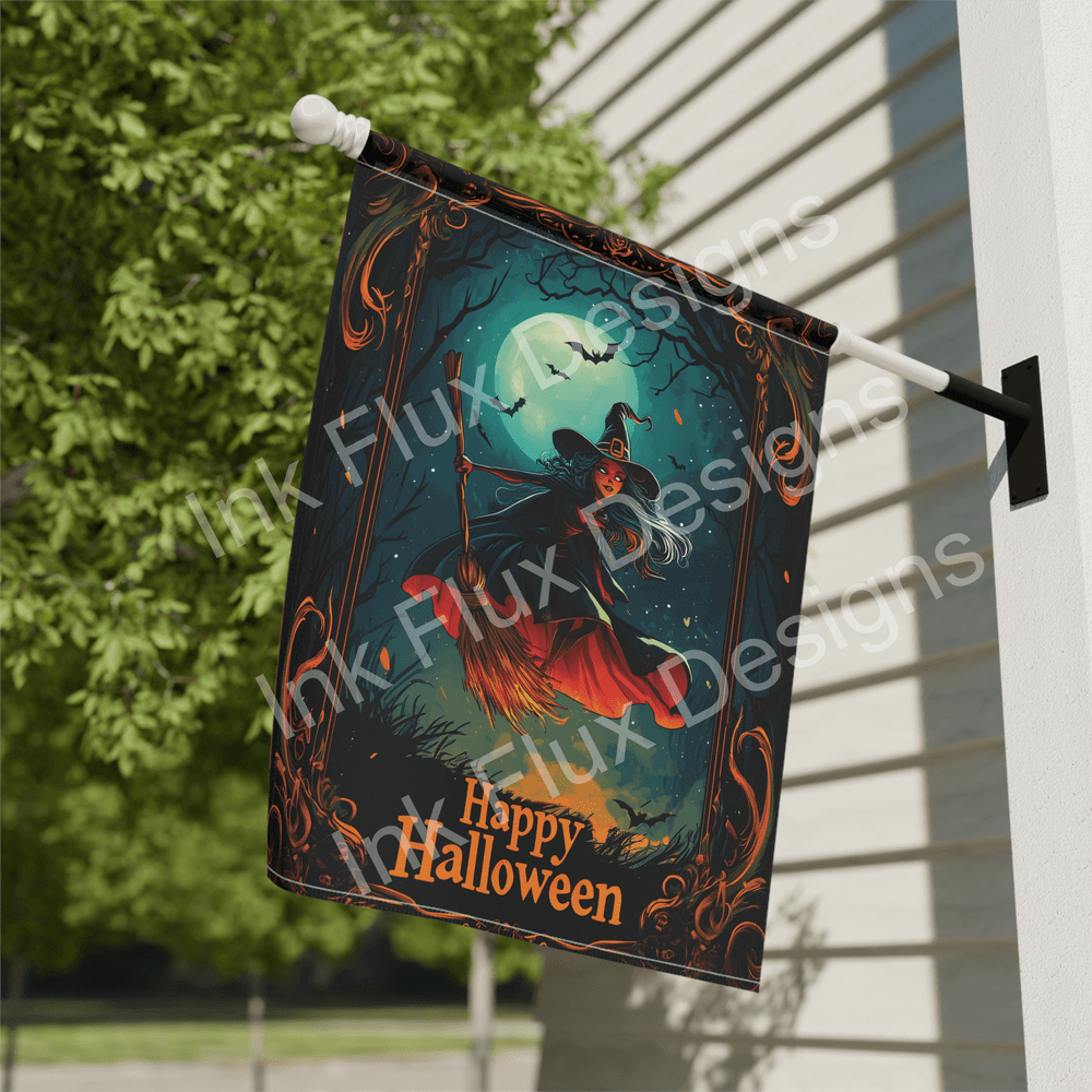 Halloween banner featuring a witch flying against a full moon, hung on a house, enhancing outdoor Halloween decor