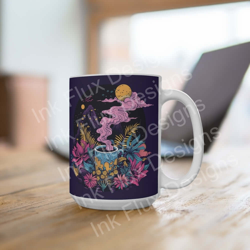 Psychedelic coffee mug with surreal design featuring vibrant flowers and celestial elements on a wooden table.