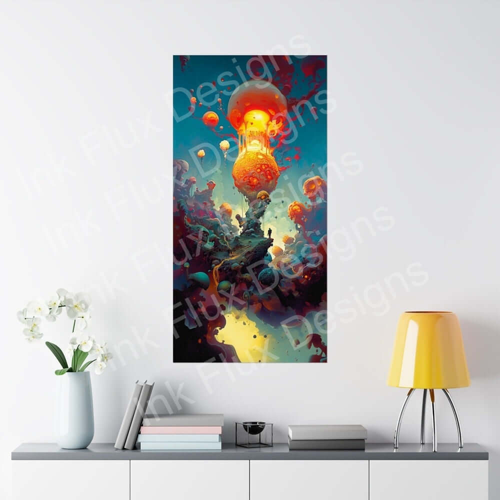 Colorful futuristic poster with vivid dreamscapes on wall, featuring floating jellyfish-like forms and dynamic hues, enhancing modern room decor.