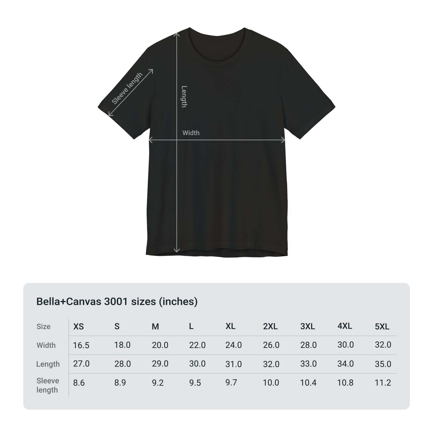 Black unisex T-shirt with size chart from XS to 5XL displayed, featuring shoulder and width measurements, part of Bella+Canvas 3001 collection.