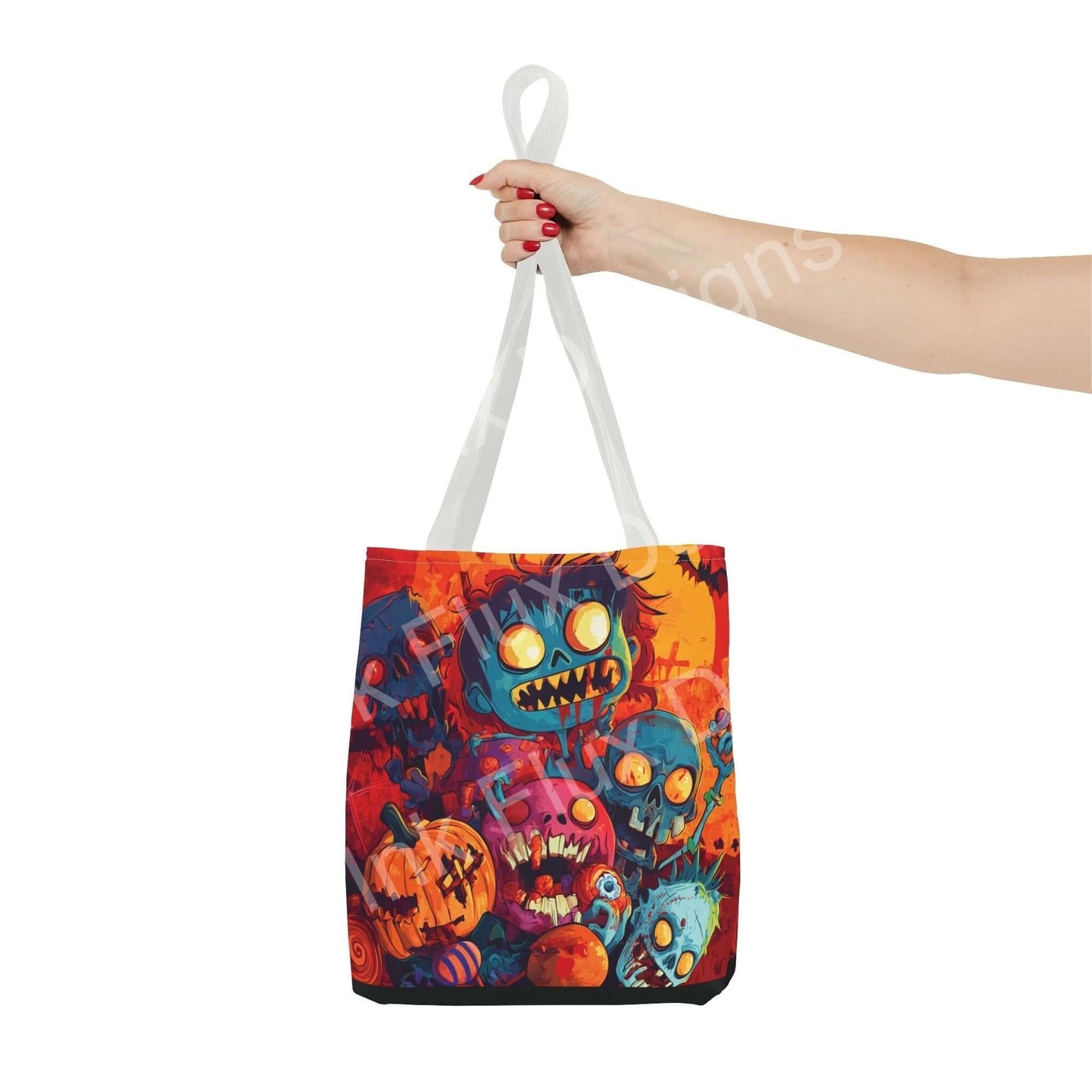 Woman holding a Little Zombies Tote Bag featuring vibrant all-over print design, made with durable polyester and cotton straps.