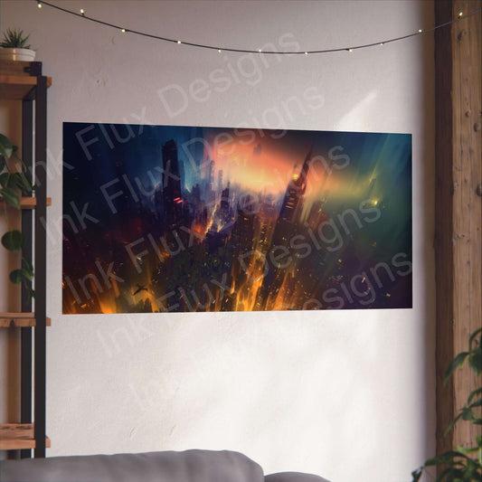 Future cityscape matte horizontal poster displayed in a cozy room, printed on premium museum-grade paper with vibrant archival inks.
