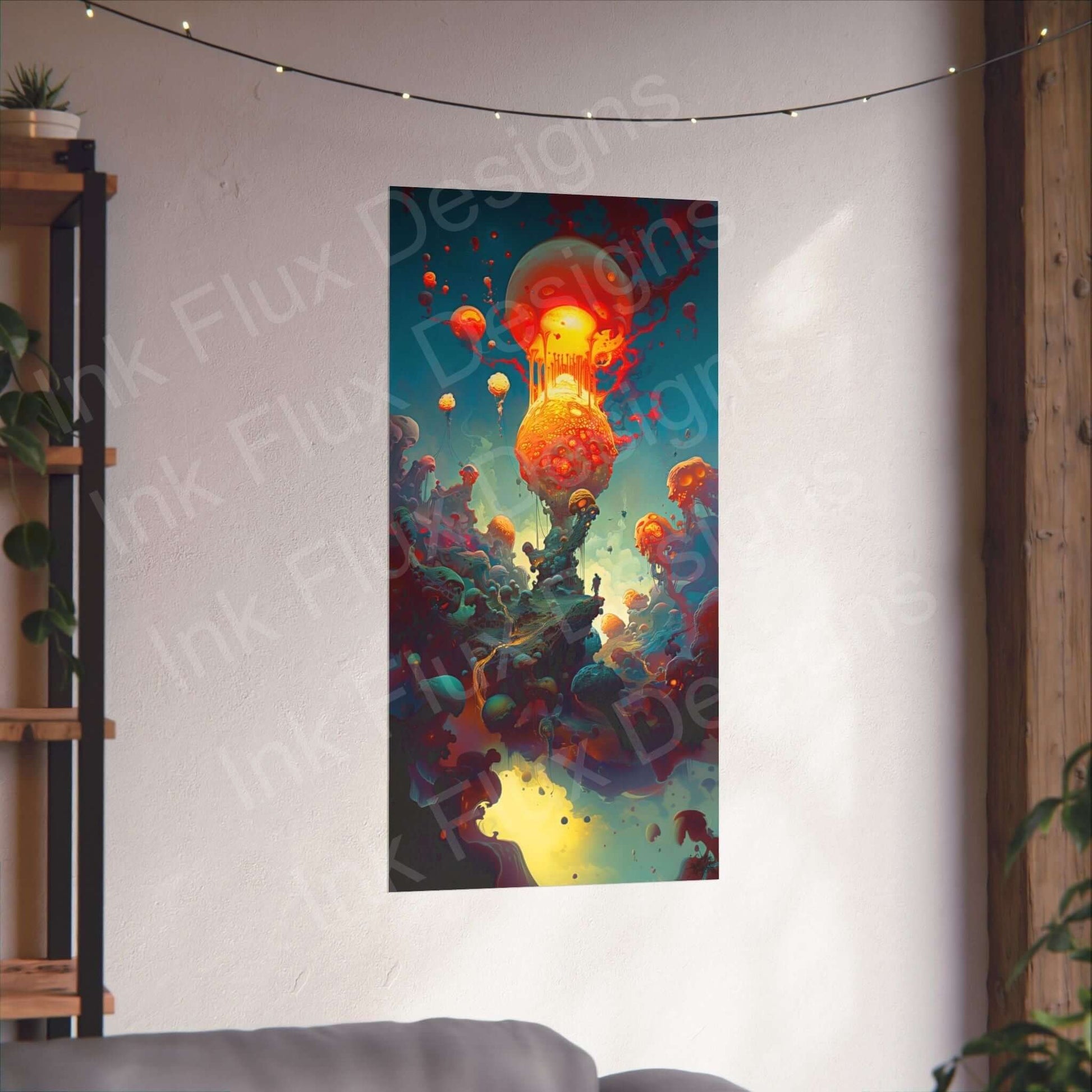 Surreal matte vertical poster of Dream Explosion artwork, printed on museum-grade archival paper, displayed in a cozy room setting.