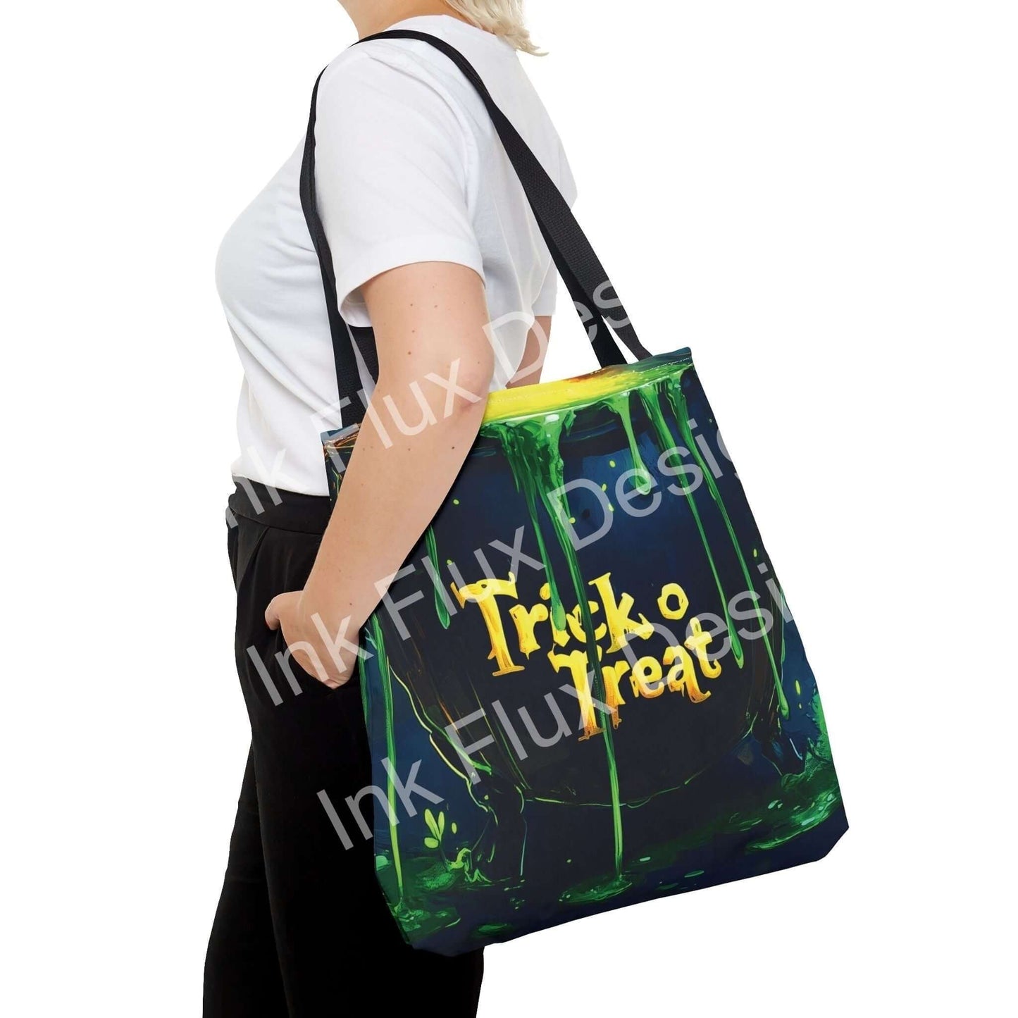 Woman carrying a vibrant Witch Cauldron Tote Bag with "Trick or Treat" design, showcasing durable straps and all-over print.