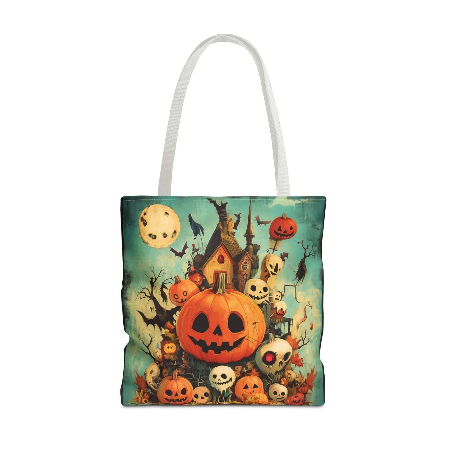Halloween-themed tote bag featuring an all-over print of jack o'lanterns, haunted house, and moon on a durable polyester fabric.