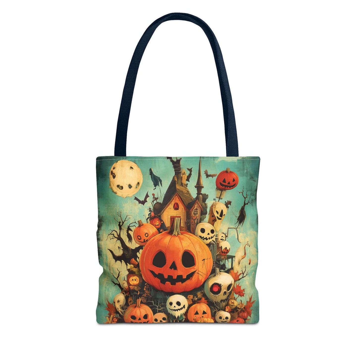Halloween-themed tote bag featuring jack-o'-lanterns and haunted house design, made with durable polyester.
