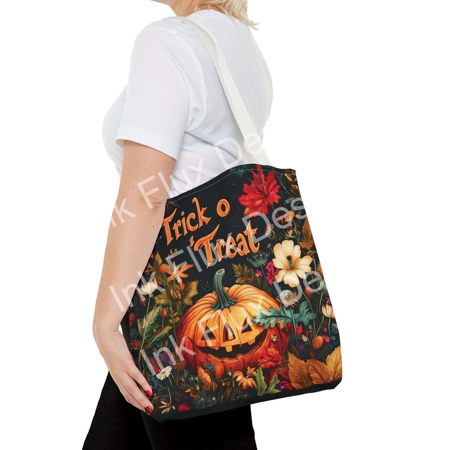 Woman carrying a Jack o Lantern tote bag with vibrant all-over print design featuring fall leaves and pumpkins, showcasing style and durability.