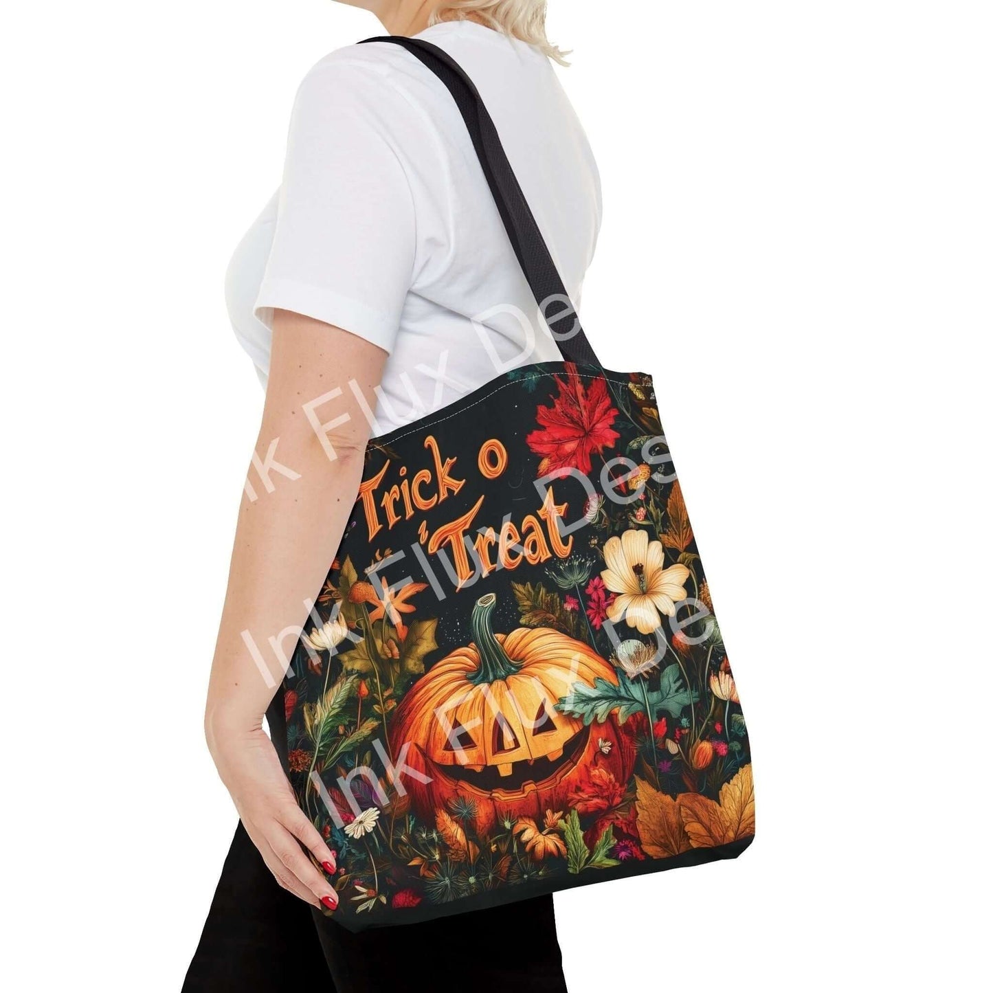 Woman carrying a Jack o Lantern tote bag featuring vibrant all-over print of pumpkins and autumn leaves, perfect for seasonal style.