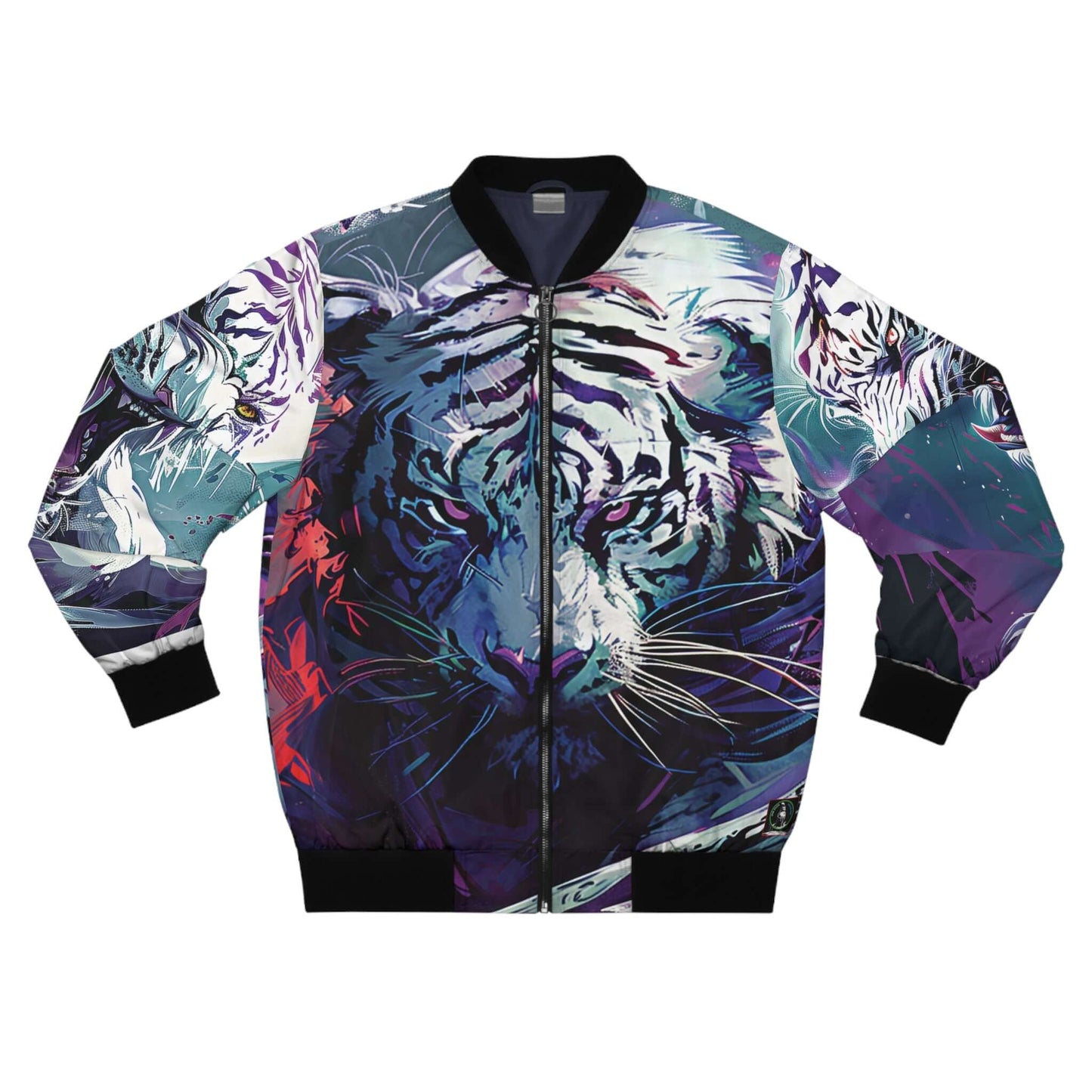 Introducing the Raging White Tiger Men's Bomber Jacket (AOP), a striking fashion piece with an artistic tiger design. Its bold blue, purple, and red colors create a vibrant look, while the all-over print covers the entire jacket for a dynamic and eye-catching effect in men's fashion.