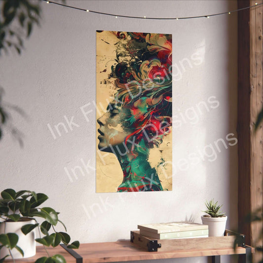 Dreamscape portrait matte vertical poster on wall, featuring abstract colorful artwork in a cozy room setting with plants and lights.