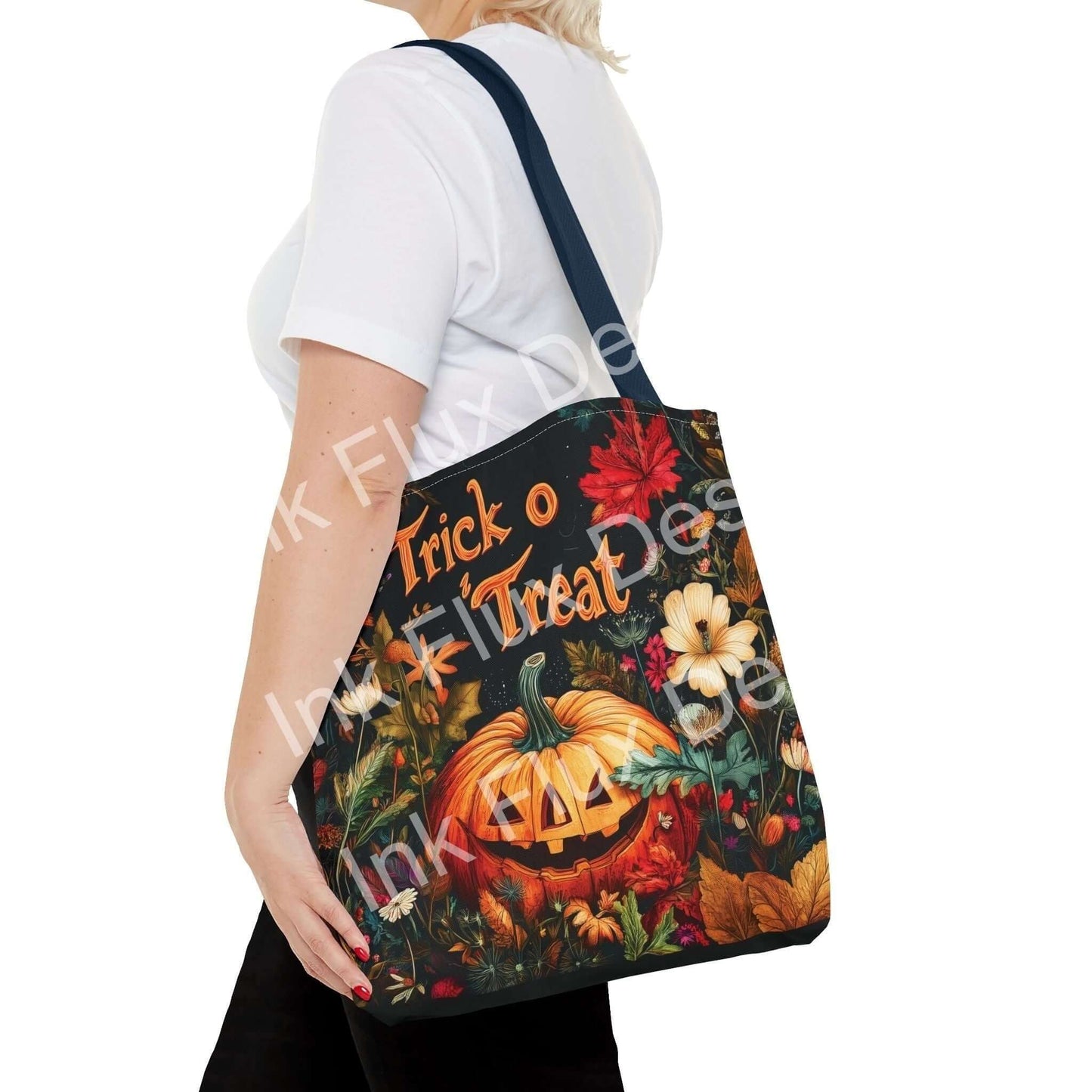 Woman carrying a Jack o Lantern tote bag with vibrant autumn leaves and floral design, showcasing style and functionality