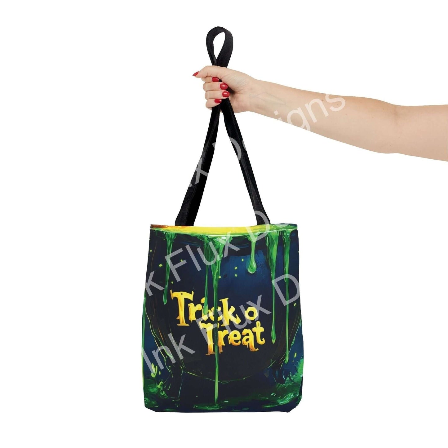 Woman holding a Witch Cauldron AOP Tote Bag with vibrant Halloween-themed design and "Trick or Treat" text, durable polyester.