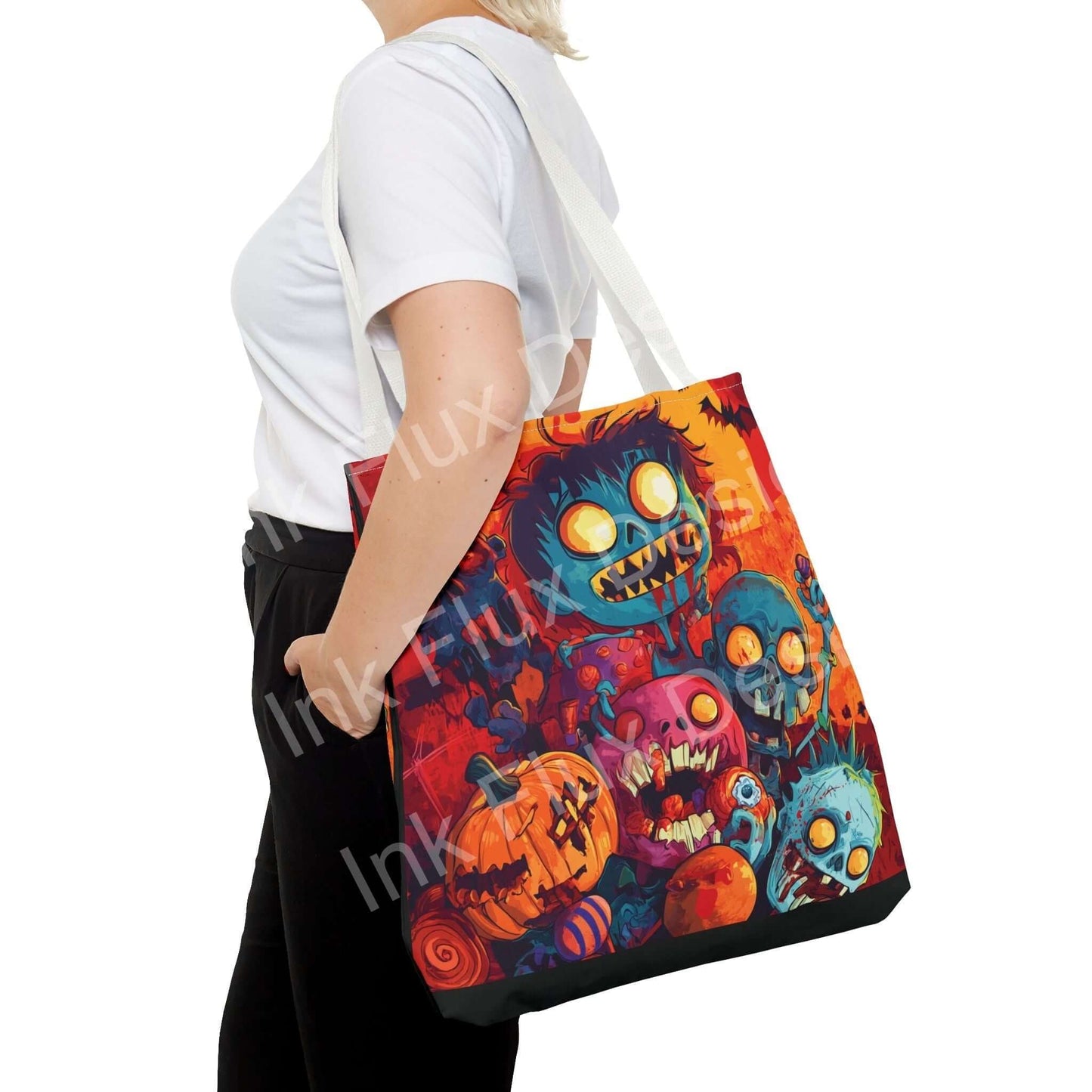 Woman carrying a vibrant Little Zombies all-over print tote bag, showcasing colorful, playful zombie and pumpkin graphics with sturdy straps.