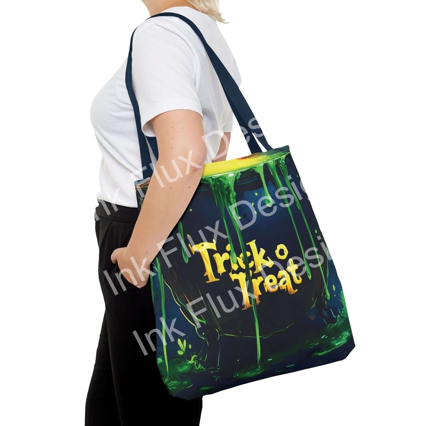 Woman carrying a stylish Witch Cauldron Tote Bag with vibrant 'Trick or Treat' design, showcasing its spacious size and durable straps.