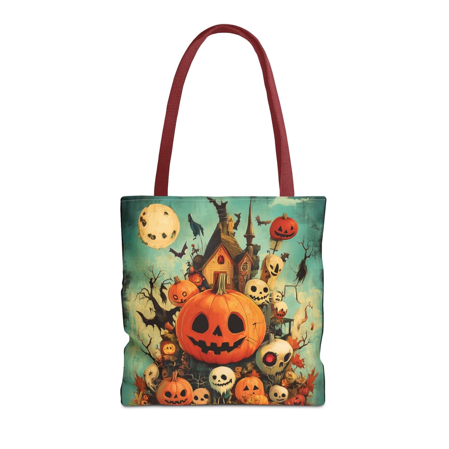 Halloween-themed tote bag featuring a vibrant all-over print of jack o' lanterns, haunted house, and spooky trees on a durable polyester fabric.