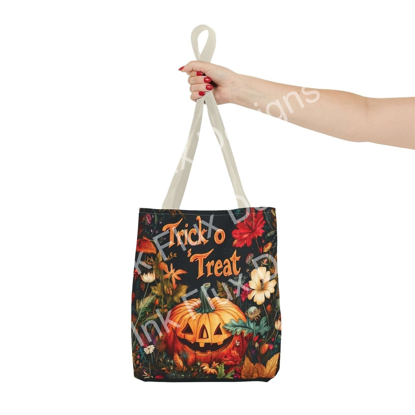 Hand holding a vibrant Jack o Lantern tote bag with "Trick to Treat" text, surrounded by autumn leaves, available in multiple sizes and handle colors.