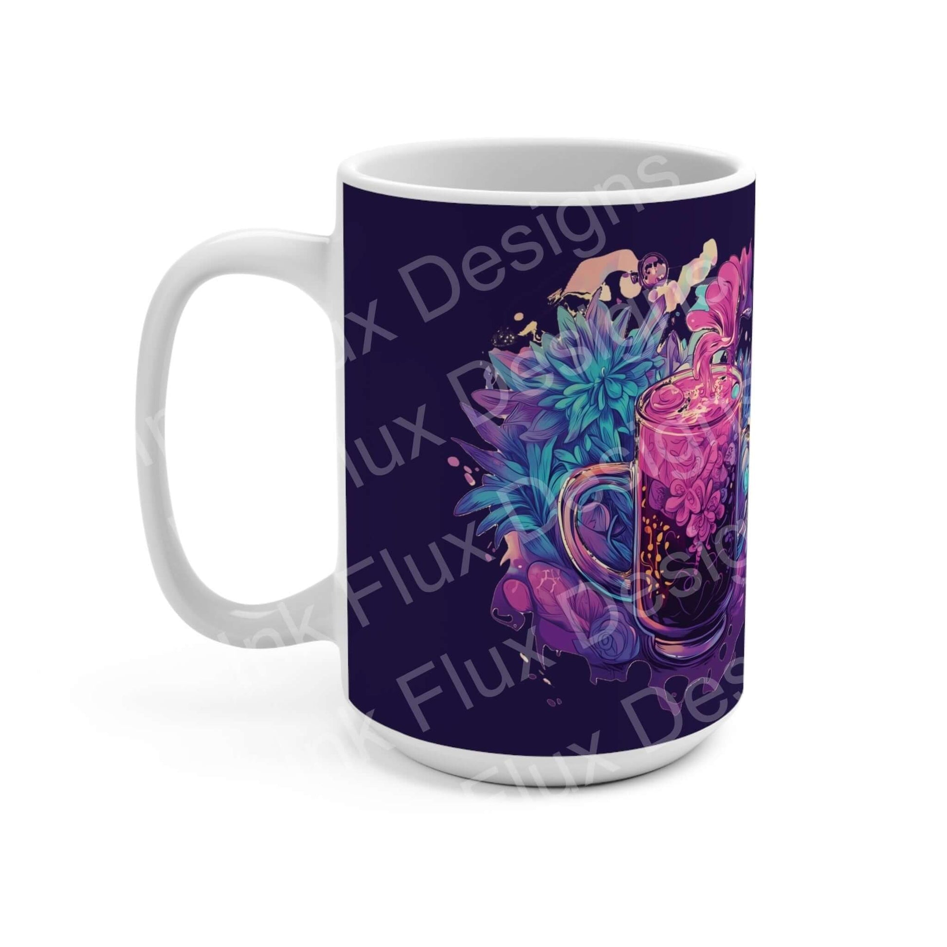 Vibrant purple coffee mug with floral and saxophone design, high-quality sublimation print, 15oz white ceramic, ideal gift for music and coffee lovers.