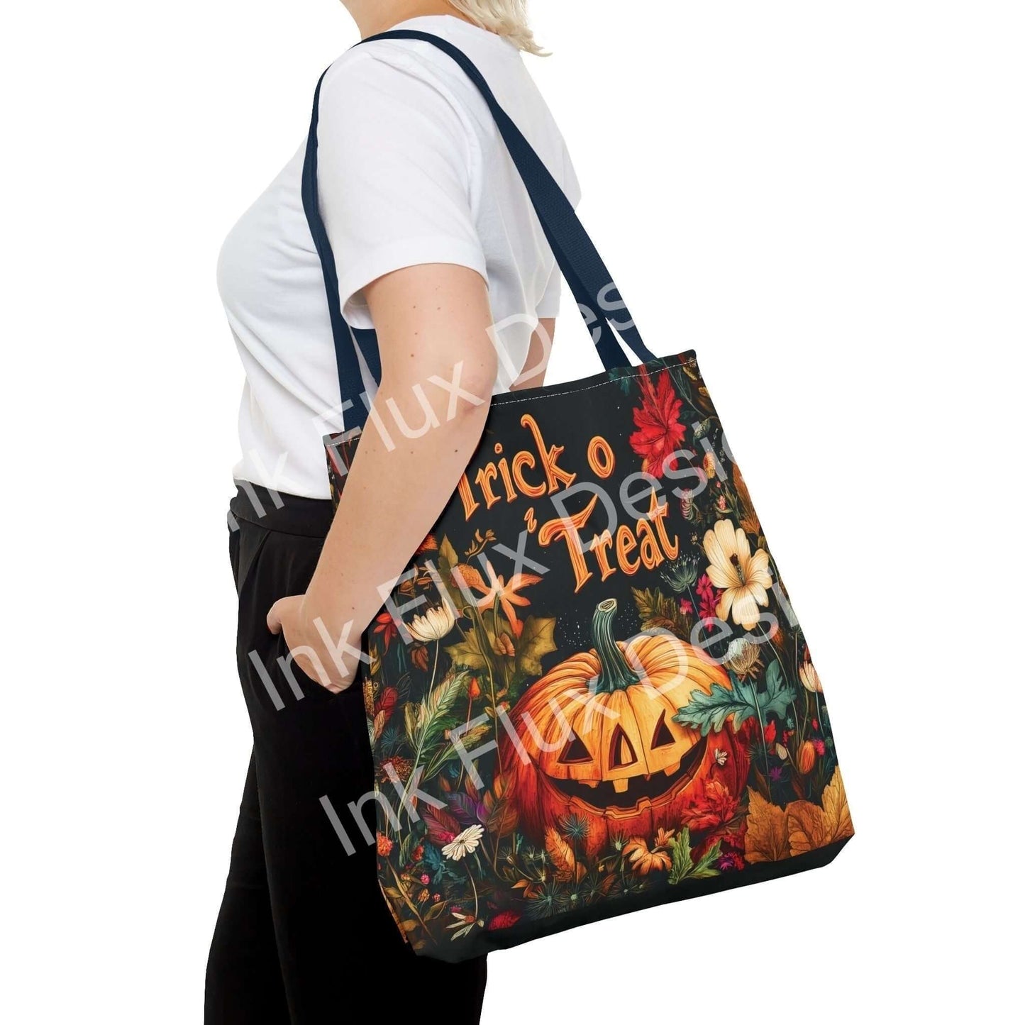 Woman carrying a Jack o Lantern Tote Bag with vibrant all-over print design, featuring autumn leaves and "Trick or Treat" text.