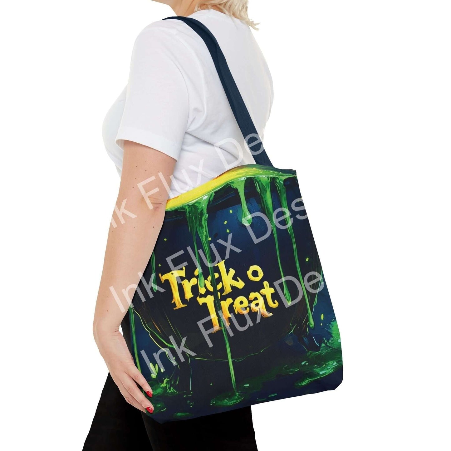 Woman carrying a witch cauldron-themed tote bag with vibrant "Trick or Treat" design, showcasing multiple handle colors and durable material