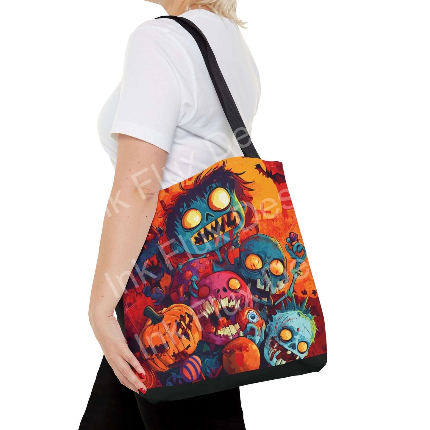 Woman carrying a vibrant Little Zombies tote bag featuring all-over print design in polyester with colorful straps.