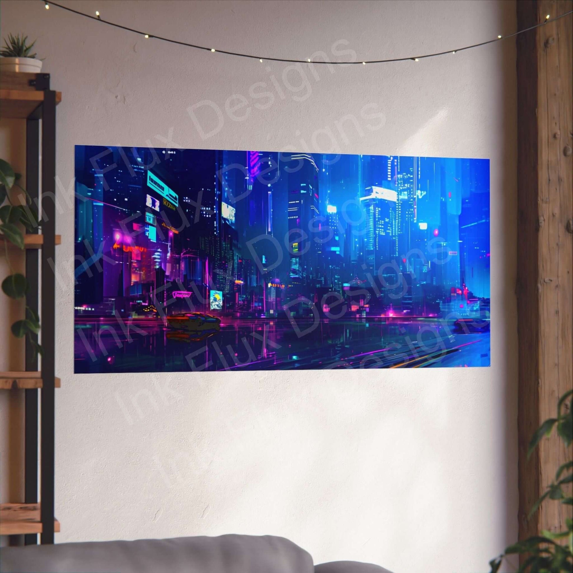 Neon Cityscape Matte Poster on wall depicting vibrant street scenes, placed in a cozy room with string lights and plants.