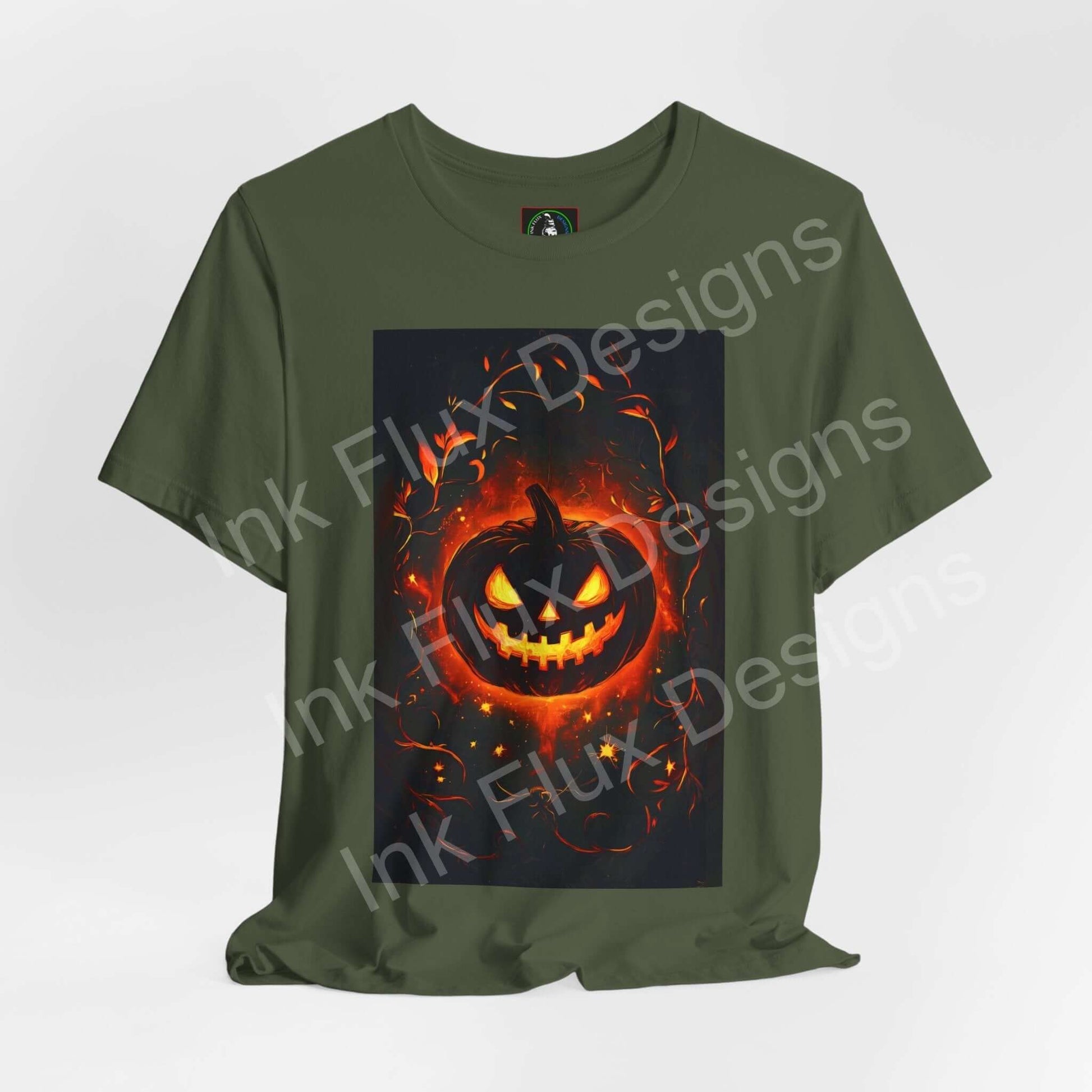 Jack-O-Lantern T-Shirt – Pumpkin Face Halloween Tee | Vintage pumpkin graphic on olive green shirt.