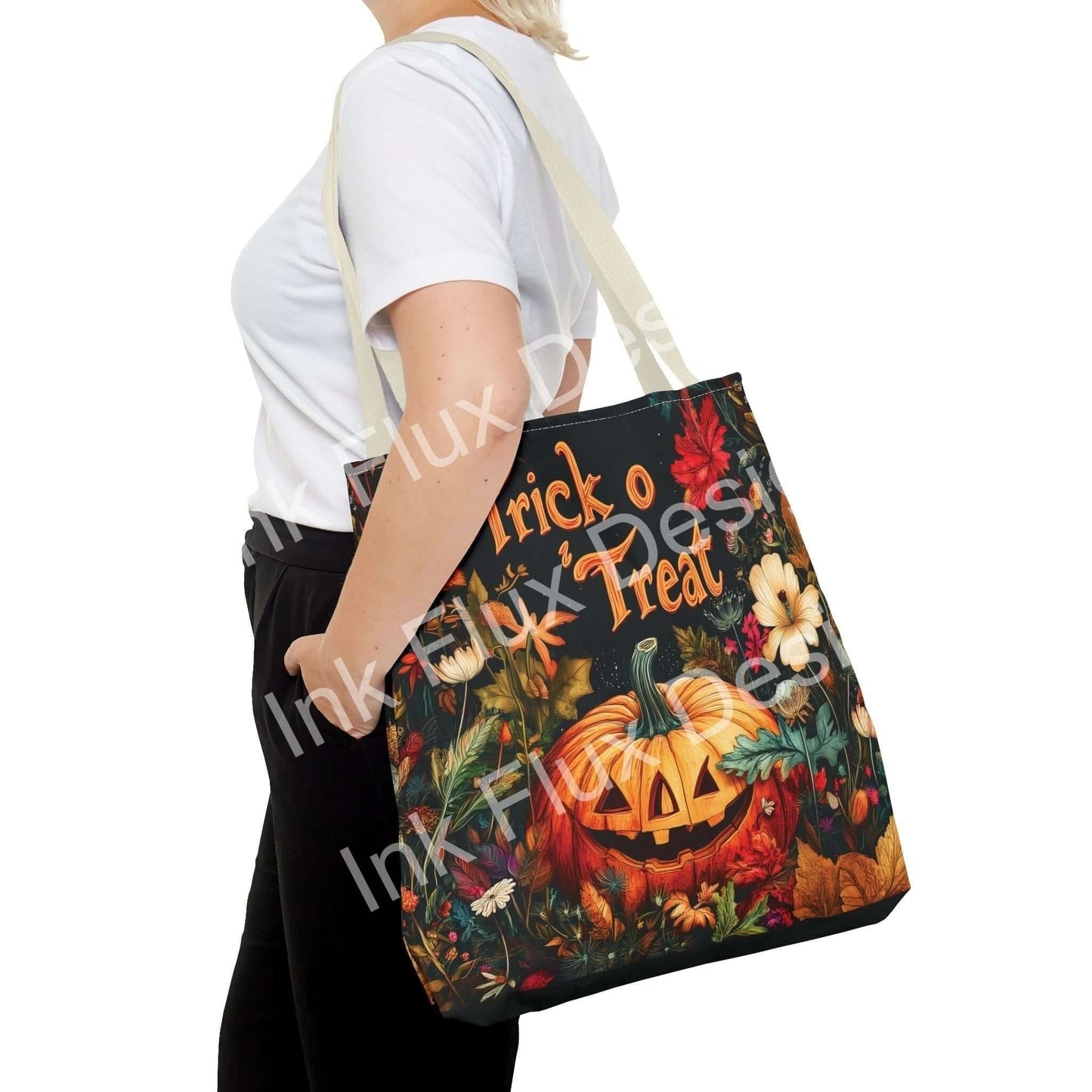 Woman carrying a Jack o Lantern tote bag with vibrant autumn-themed all-over print design, available in various sizes and handle colors.