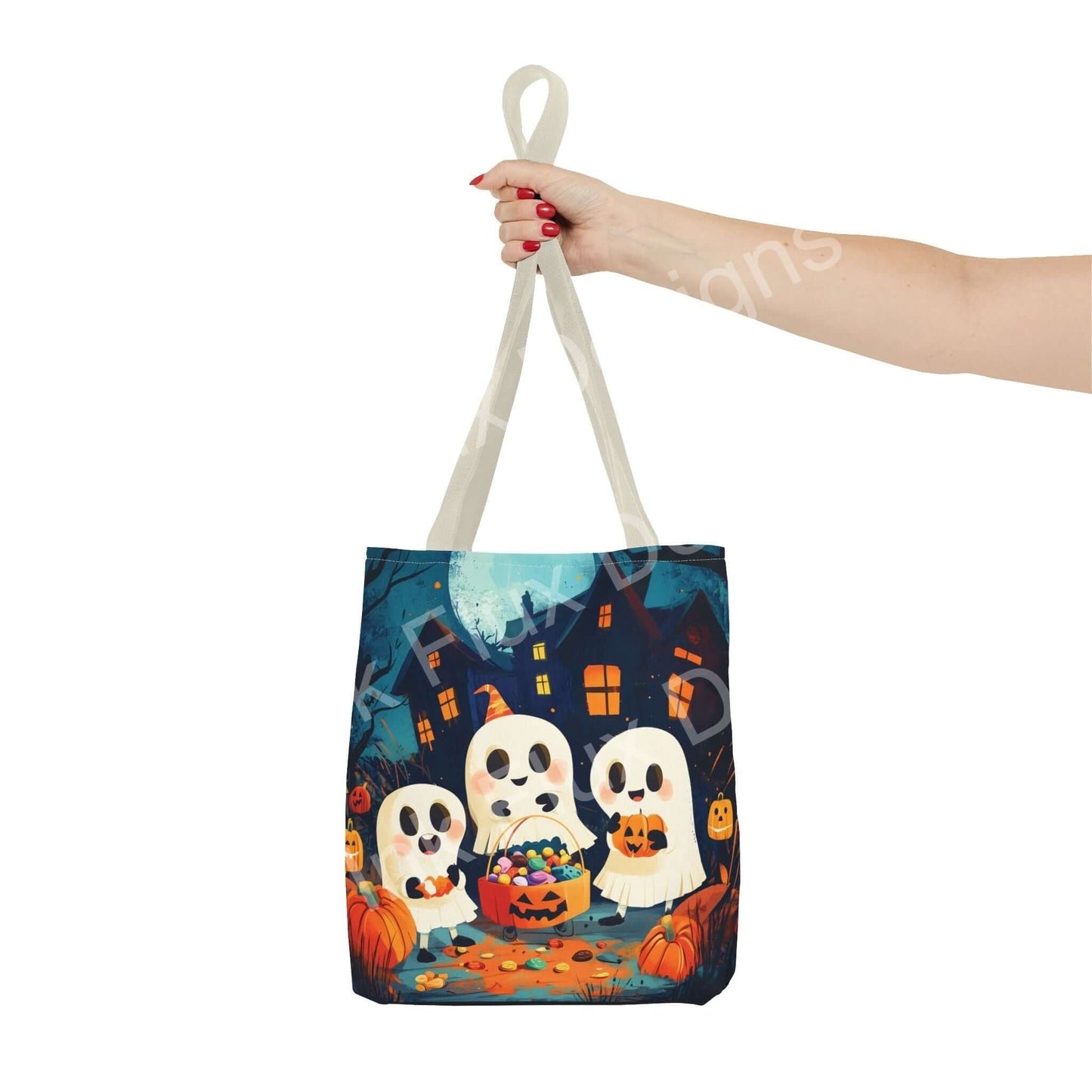 Woman holding a Little Ghost Tote Bag featuring all-over print of cute ghosts and pumpkins, perfect for Halloween, made from durable polyester.