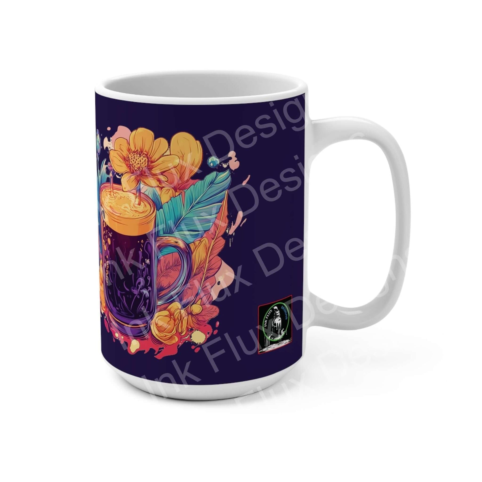 Colorful floral and fruit design ceramic coffee mug with C-handle on a white background, ideal for tea or coffee enthusiasts.