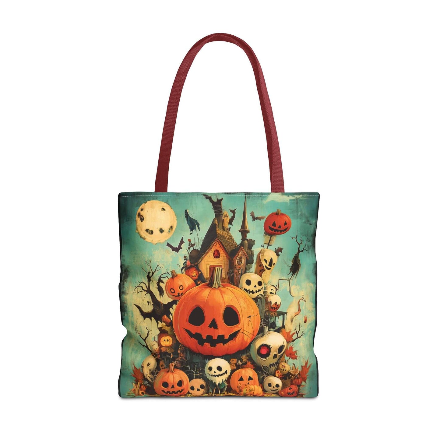 Halloween-themed tote bag featuring jack o' lanterns, spooky house, and eerie trees with red handles, perfect for stylish carrying.