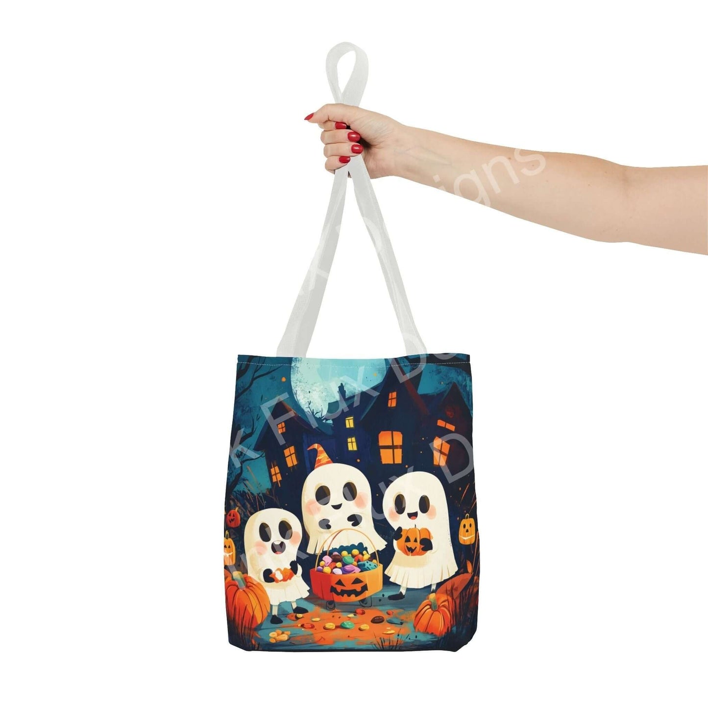Stylish Little Ghost Tote Bag with all-over print featuring three cute ghosts and Halloween motifs, held by a woman's hand with red nails.