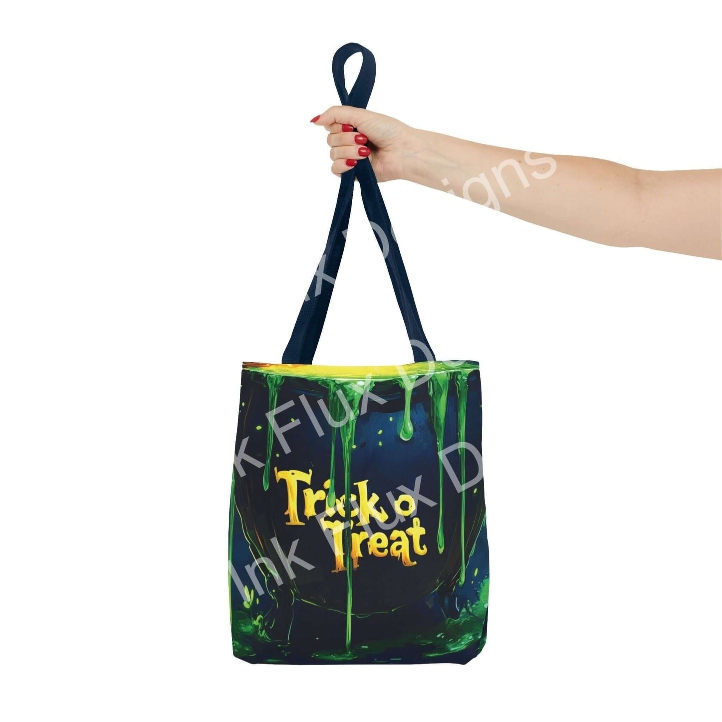 Hand holding a "Trick or Treat" themed tote bag with vibrant green and black design, made of durable polyester.