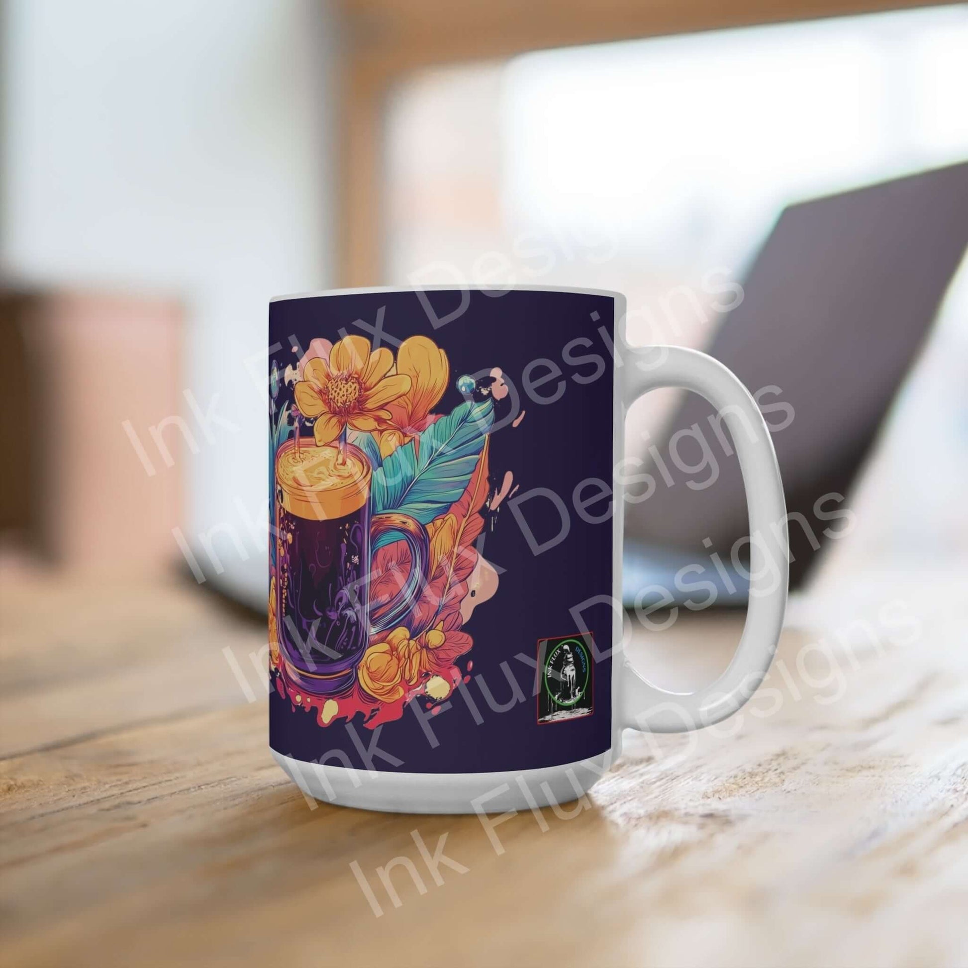 Colorful 15oz ceramic coffee mug with vibrant floral and skeleton design on wooden table, ideal for coffee lovers