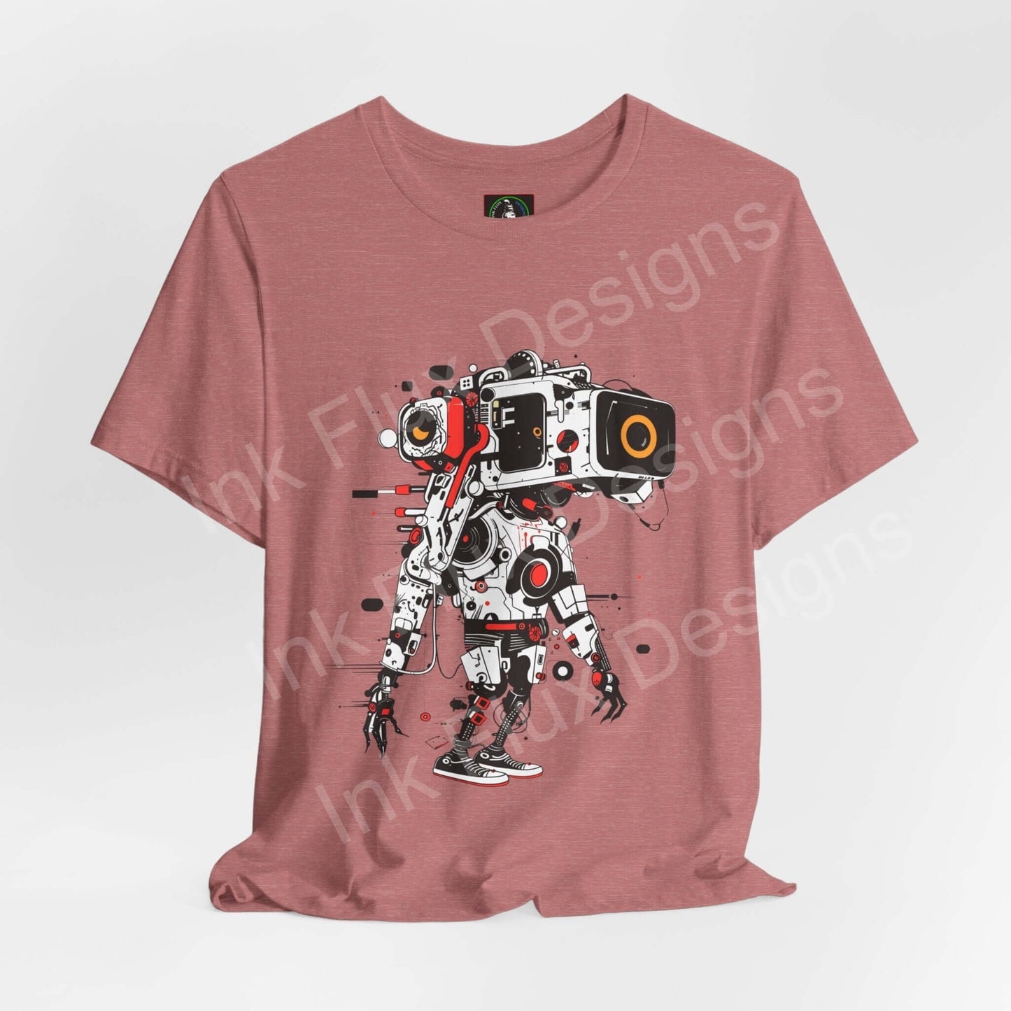 Unisex dusty rose T-shirt featuring a bold graphic of an AI robot, crafted by Bella+Canvas focusing on comfort and sustainability.