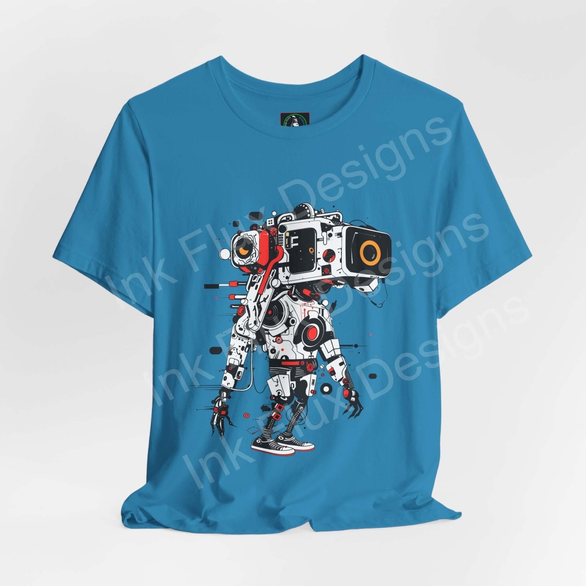 Bold graphic tee featuring an AI robot design on a blue Bella+Canvas unisex jersey T-shirt, showcasing style and comfort.