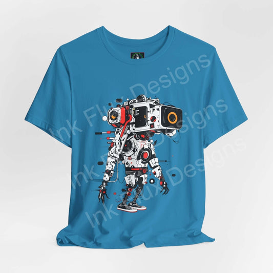 Bold graphic tee featuring an AI robot design on a blue Bella+Canvas unisex jersey T-shirt, showcasing style and comfort.