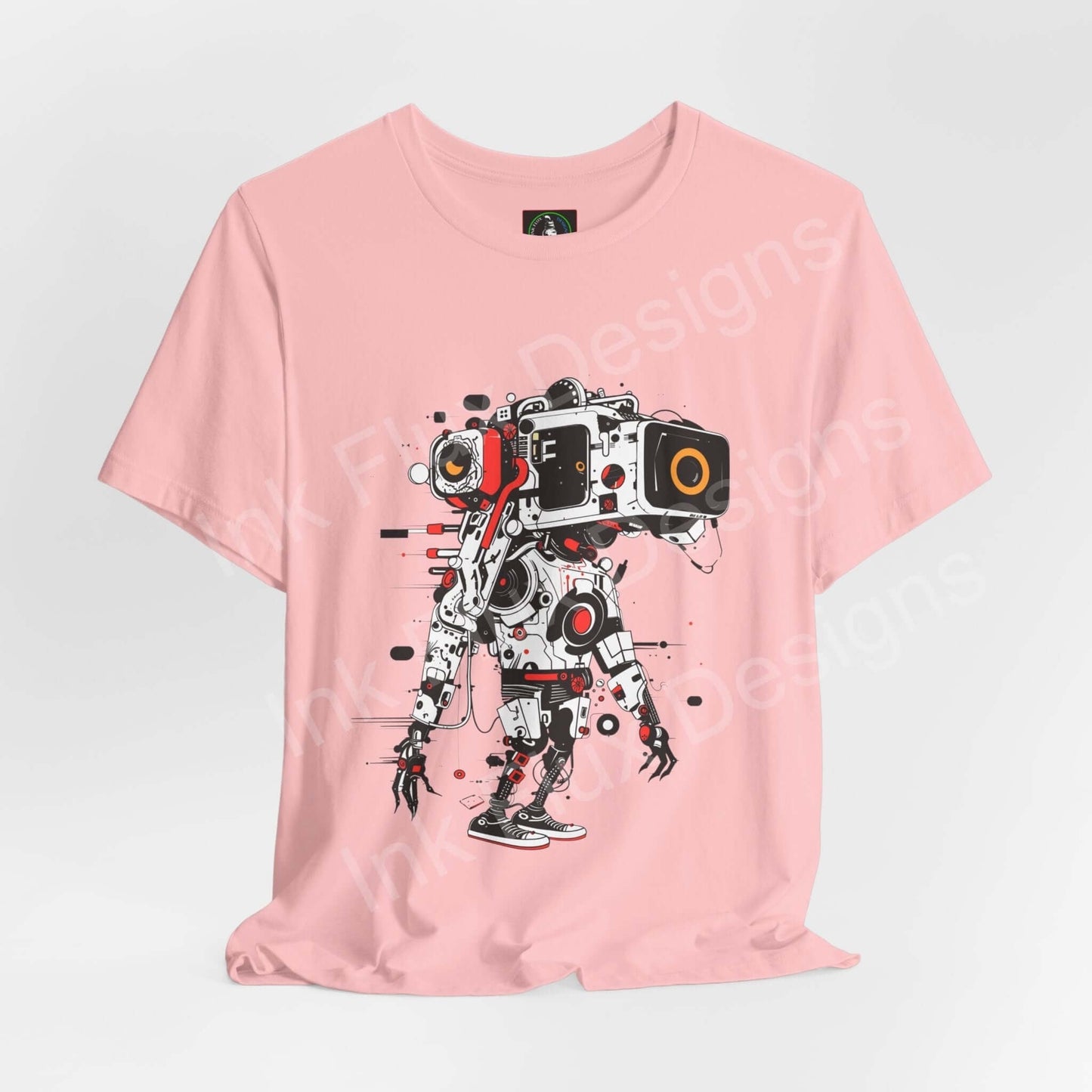 Pink unisex T-shirt featuring bold graphic of an AI robot, ideal for both comfort and style, by Bella+Canvas.