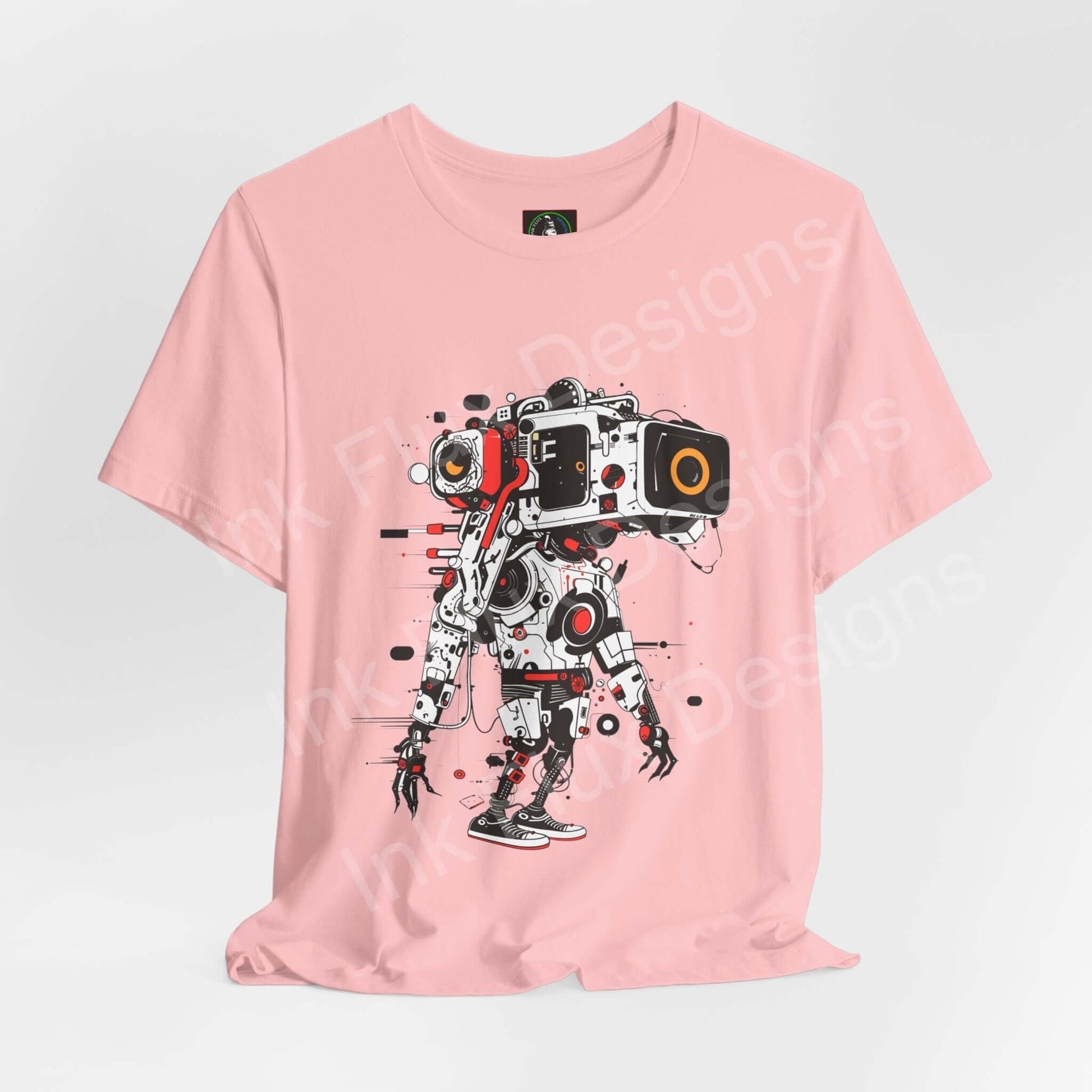 Pink unisex T-shirt featuring bold graphic of an AI robot, ideal for both comfort and style, by Bella+Canvas.