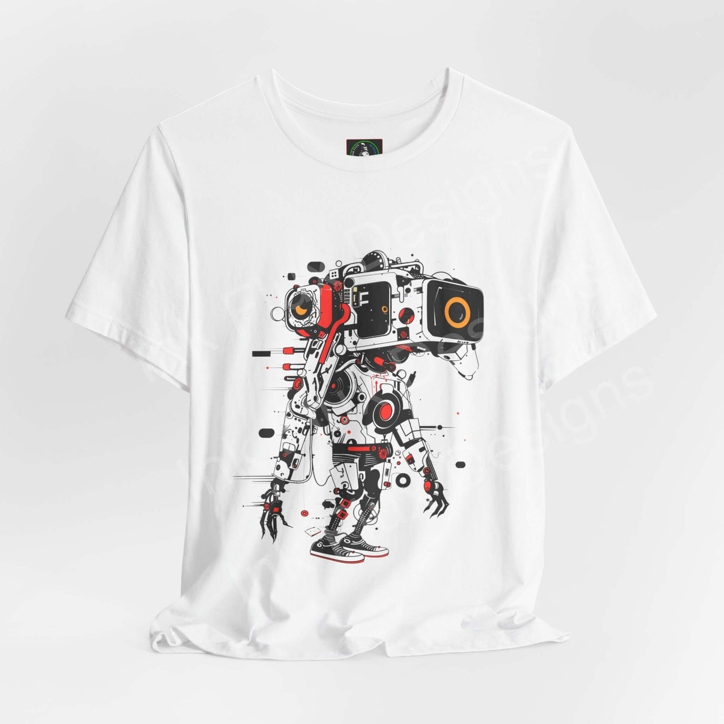 White unisex jersey T-shirt featuring bold graphic of an AI robot, crafted from breathable Airlume cotton by Bella+Canvas.