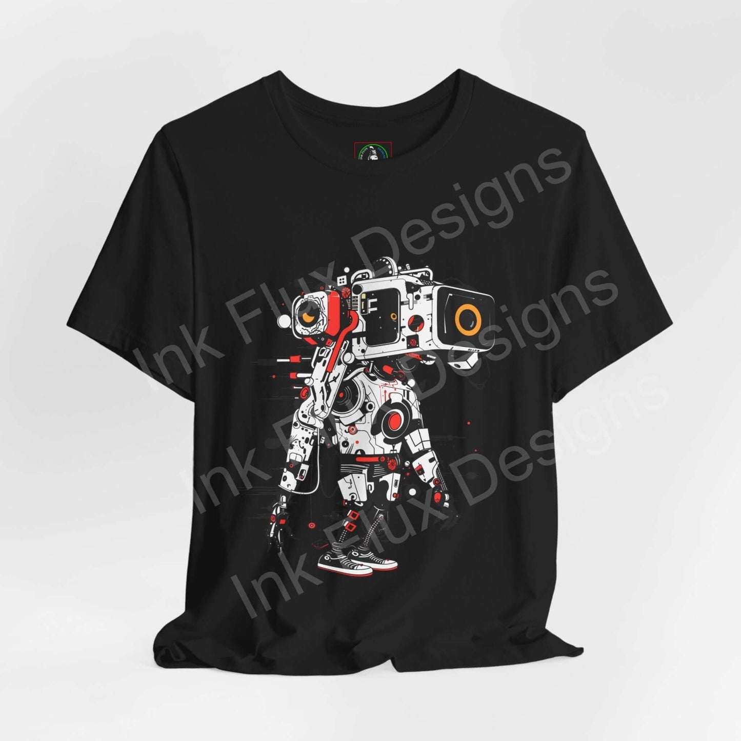 Black unisex jersey T-shirt featuring a bold graphic of an AI robot, crafted for comfort and style by Bella+Canvas, ideal for any occasion.