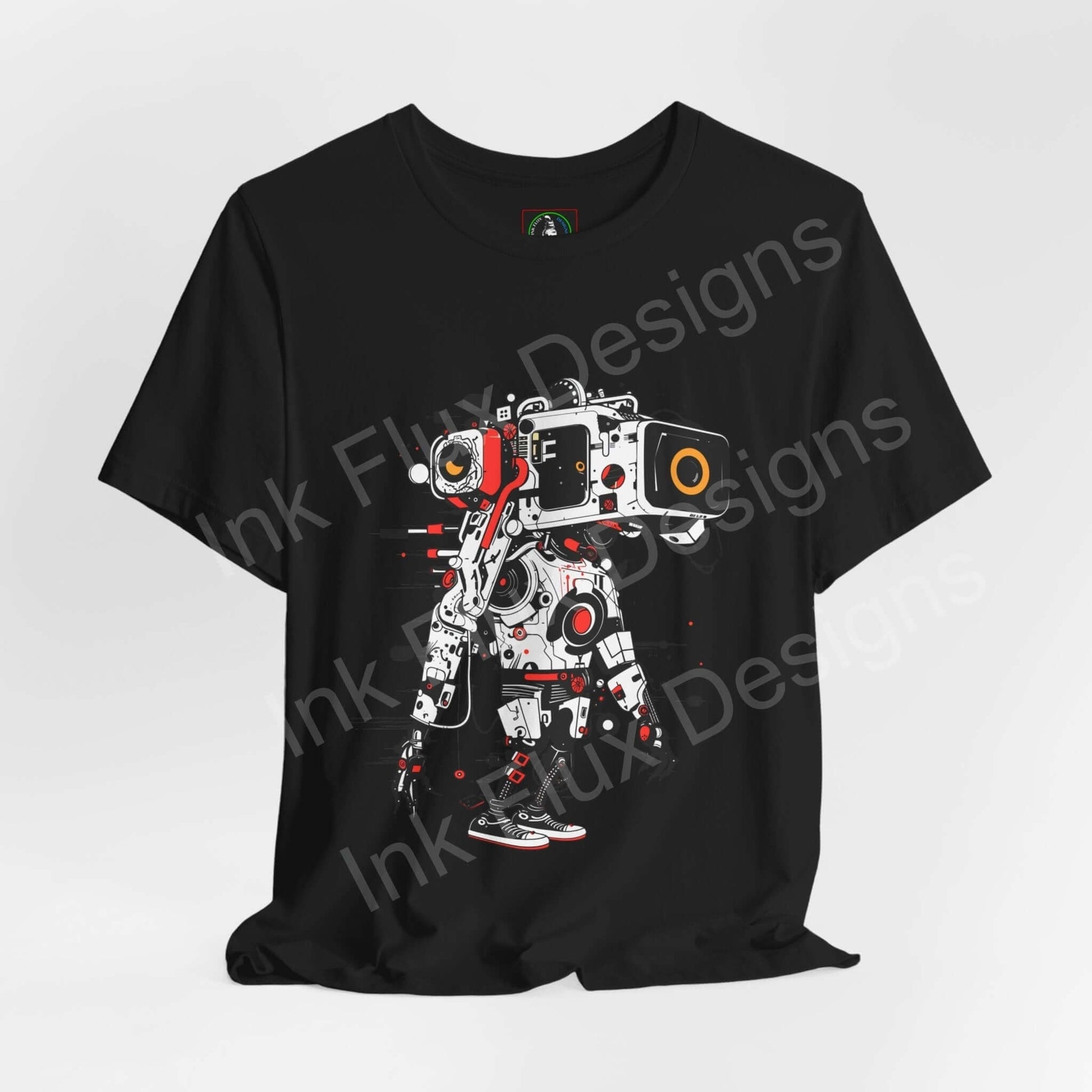 Black unisex jersey T-shirt featuring a bold graphic of an AI robot, crafted for comfort and style by Bella+Canvas, ideal for any occasion.
