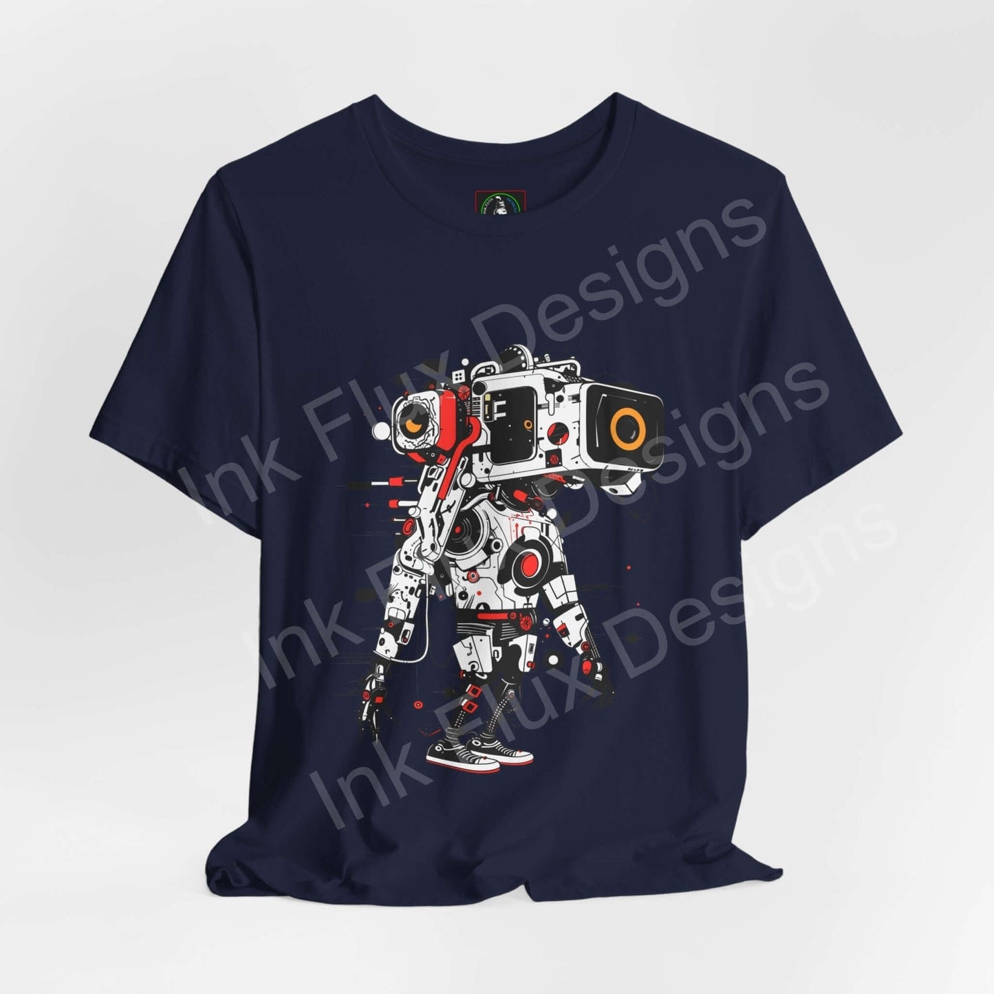Navy blue unisex T-shirt featuring a bold graphic of an AI robot, made from breathable Airlume cotton, designed for style and comfort.