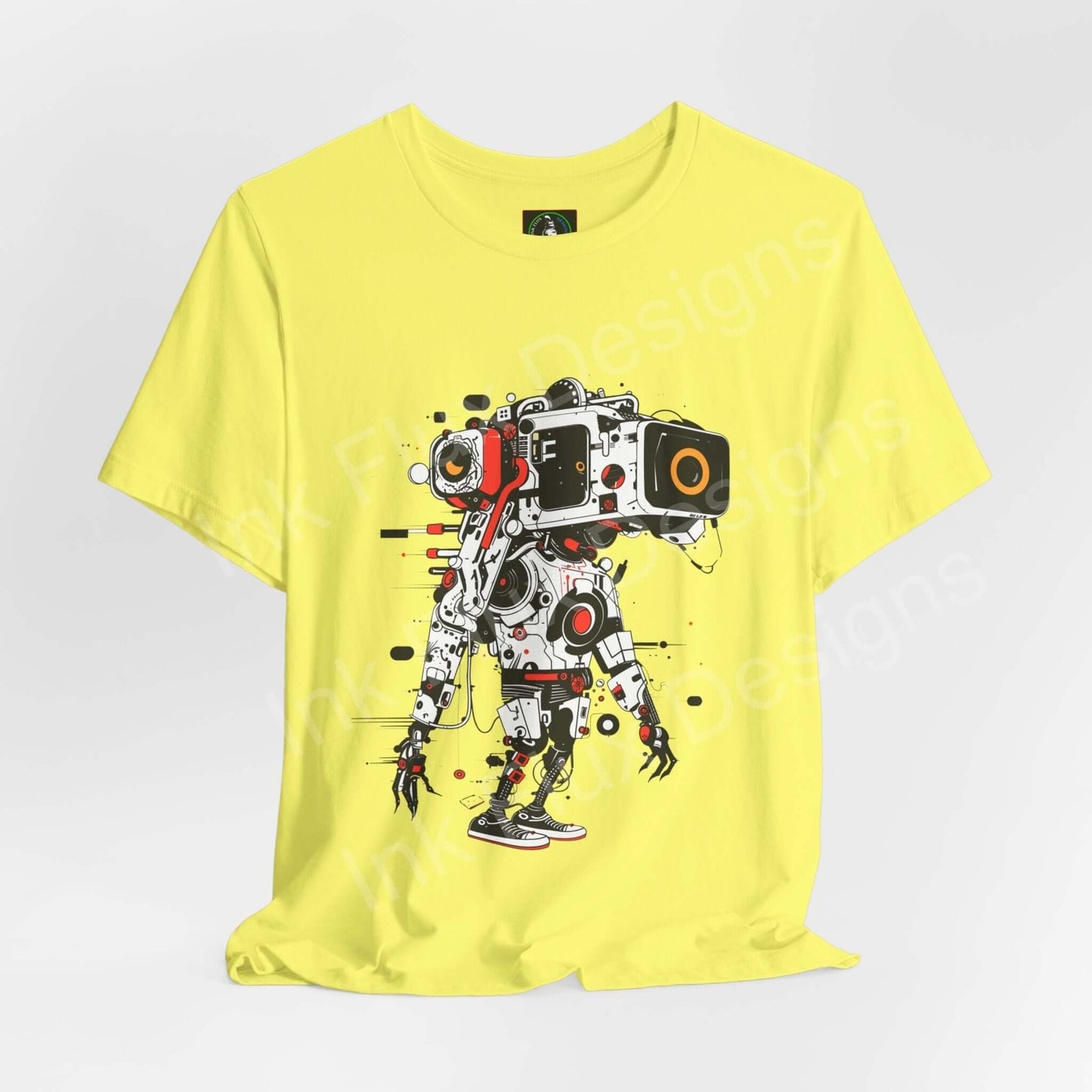 Yellow unisex jersey T-shirt featuring a bold graphic of an AI robot, designed by Bella+Canvas for style and comfort.