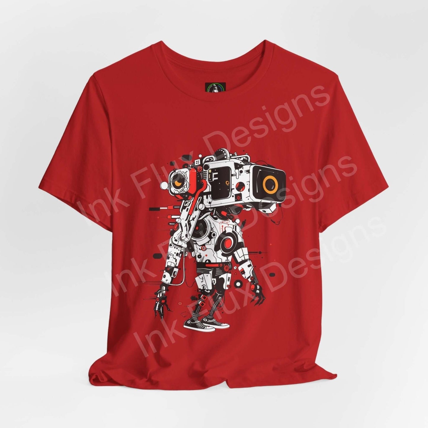 Red unisex jersey T-shirt featuring a bold graphic of an AI robot, crafted from soft Airlume cotton, by Bella+Canvas.