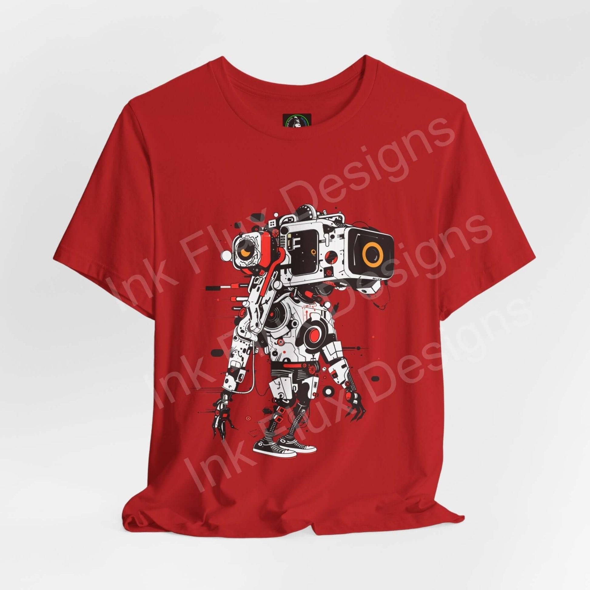 Red unisex jersey T-shirt featuring a bold graphic of an AI robot, crafted from soft Airlume cotton, by Bella+Canvas.