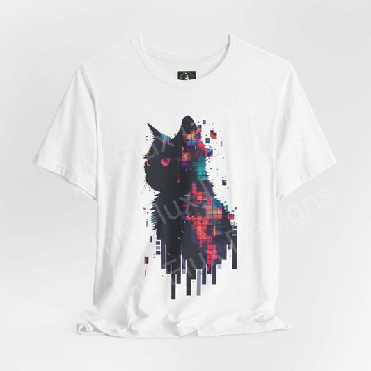 Stylish white unisex T-shirt featuring an abstract black cat graphic design, ideal for cat lovers and fashion enthusiasts.