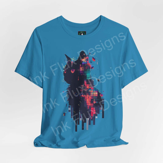 Unisex blue T-shirt featuring an abstract black cat graphic design, combining modern art with casual style, ideal for cat and graphic tee enthusiasts.