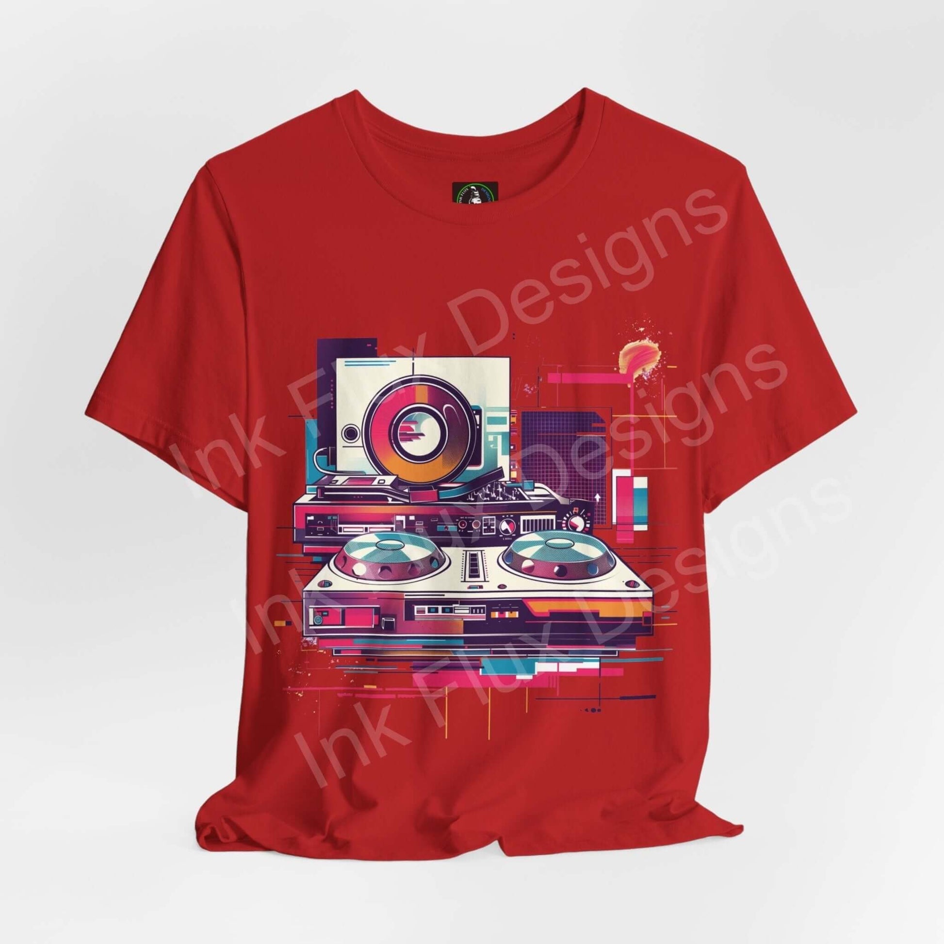 Red unisex jersey T-shirt with bold graphic of abstract DJ gear, featuring detailed turntables and sound equipment design.