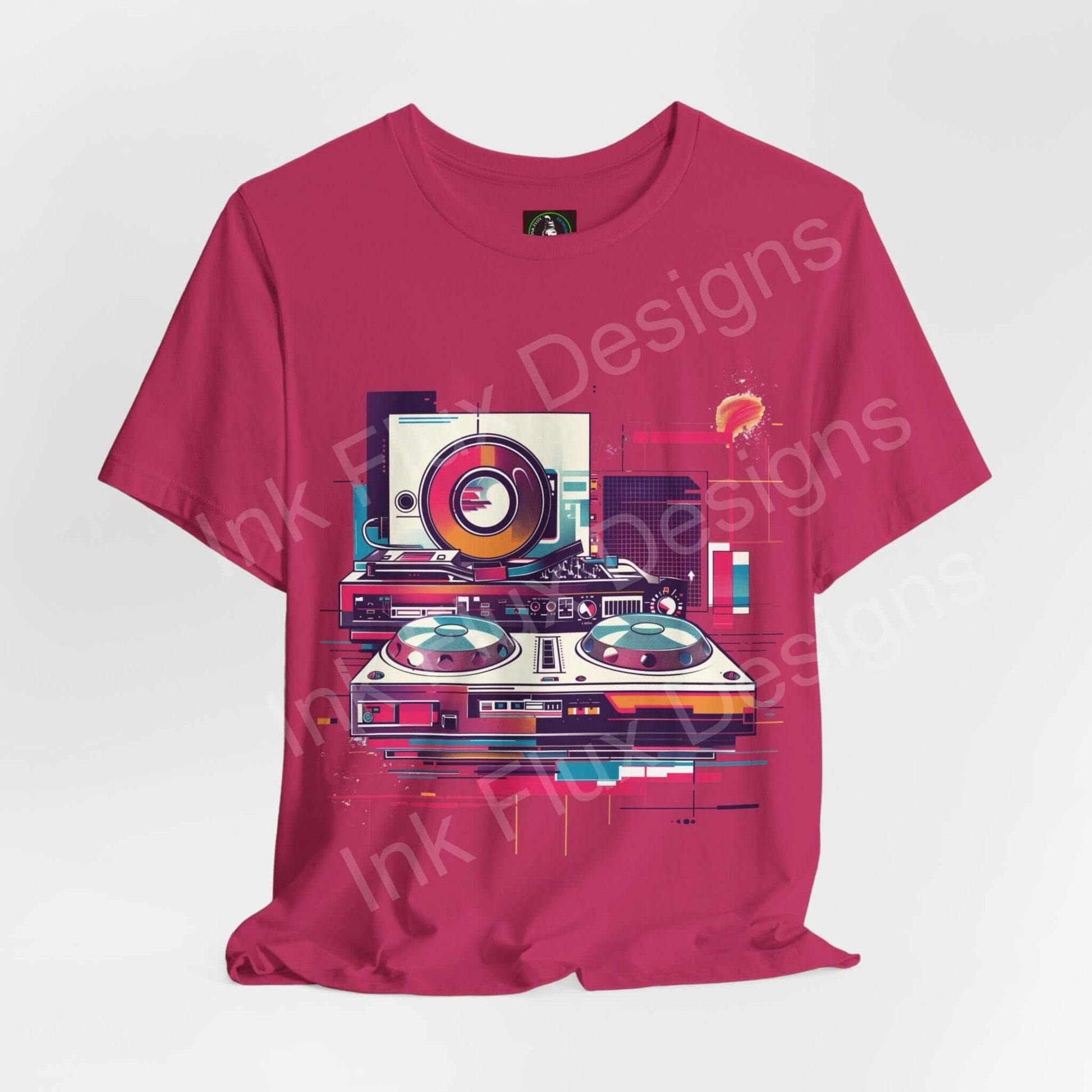 Unisex maroon T-shirt with bold graphic of DJ gear, featuring turntables and vibrant abstract designs, ideal for music enthusiasts.
